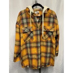 New In Plaid Hooded Shirt Jacket Women's Oversized Button Up Orange‎ Green
